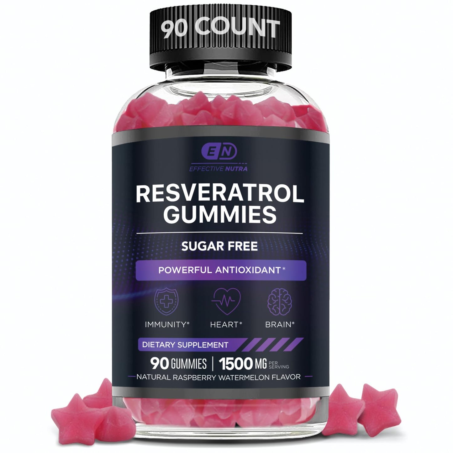 EFFECTIVE NUTRA Resveratrol Gummies 1500mg | Sugar-Free Supplement for Antioxidant Support, Immunity, Heart Health, and Brain Function | 45-Day Supply, Natural Berry Flavor, Made in USA (90 Count)