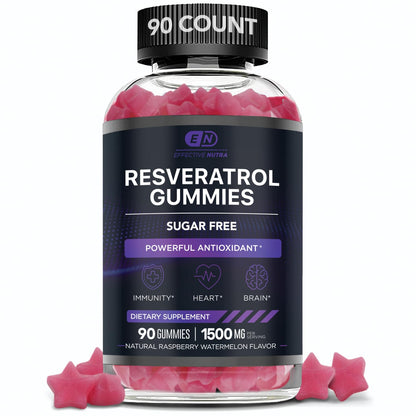 EFFECTIVE NUTRA Resveratrol Gummies 1500mg | Sugar-Free Supplement for Antioxidant Support, Immunity, Heart Health, and Brain Function | 45-Day Supply, Natural Berry Flavor, Made in USA (90 Count)