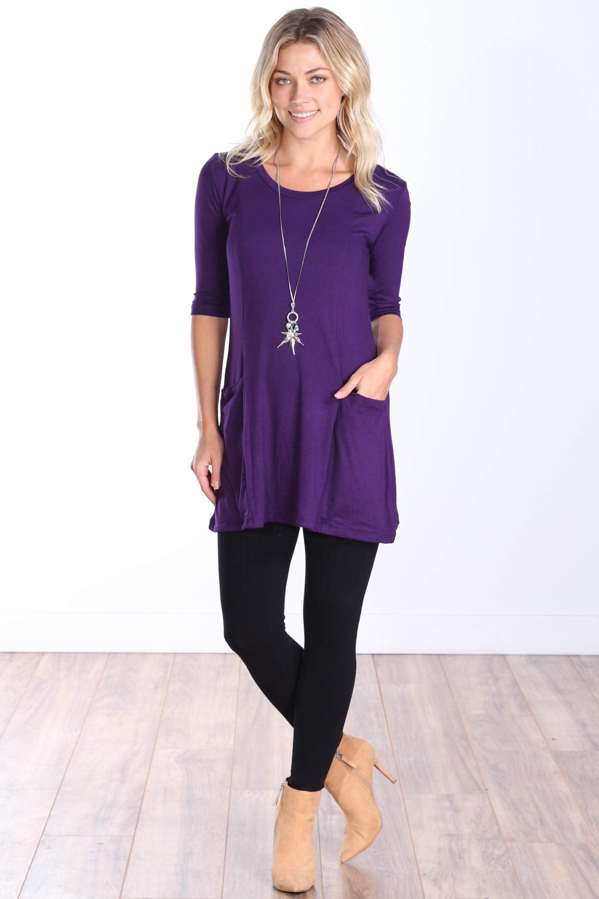 Popana Womens 3/4 Sleeve Tunic Top with Pockets for Leggings Made in USA Medium Eggplant