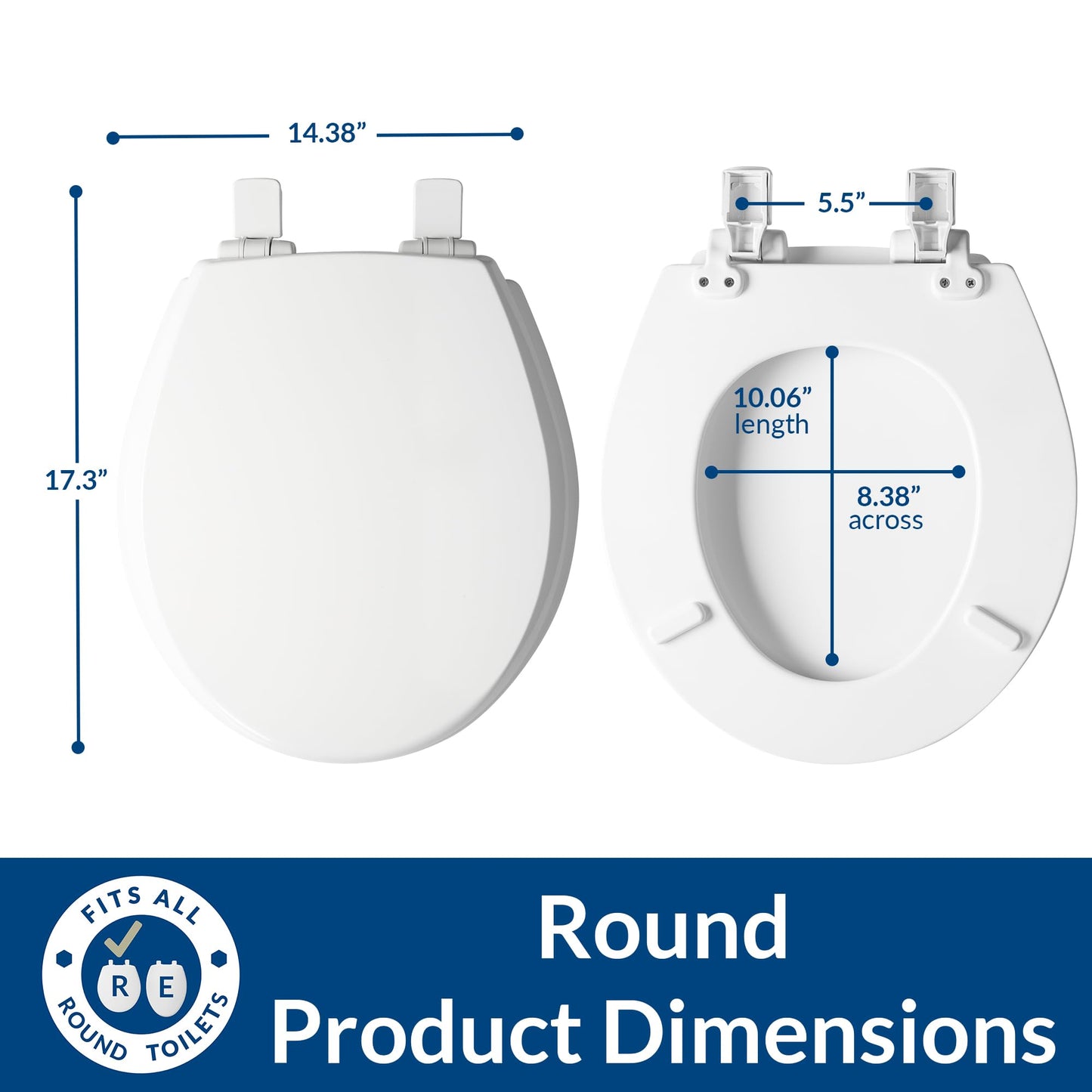 Mayfair Cassel Slow Close Toilet Seat, Easy Clean, Non Slip Premium Wood Seat, Easy Install, Made in USA, Round, White