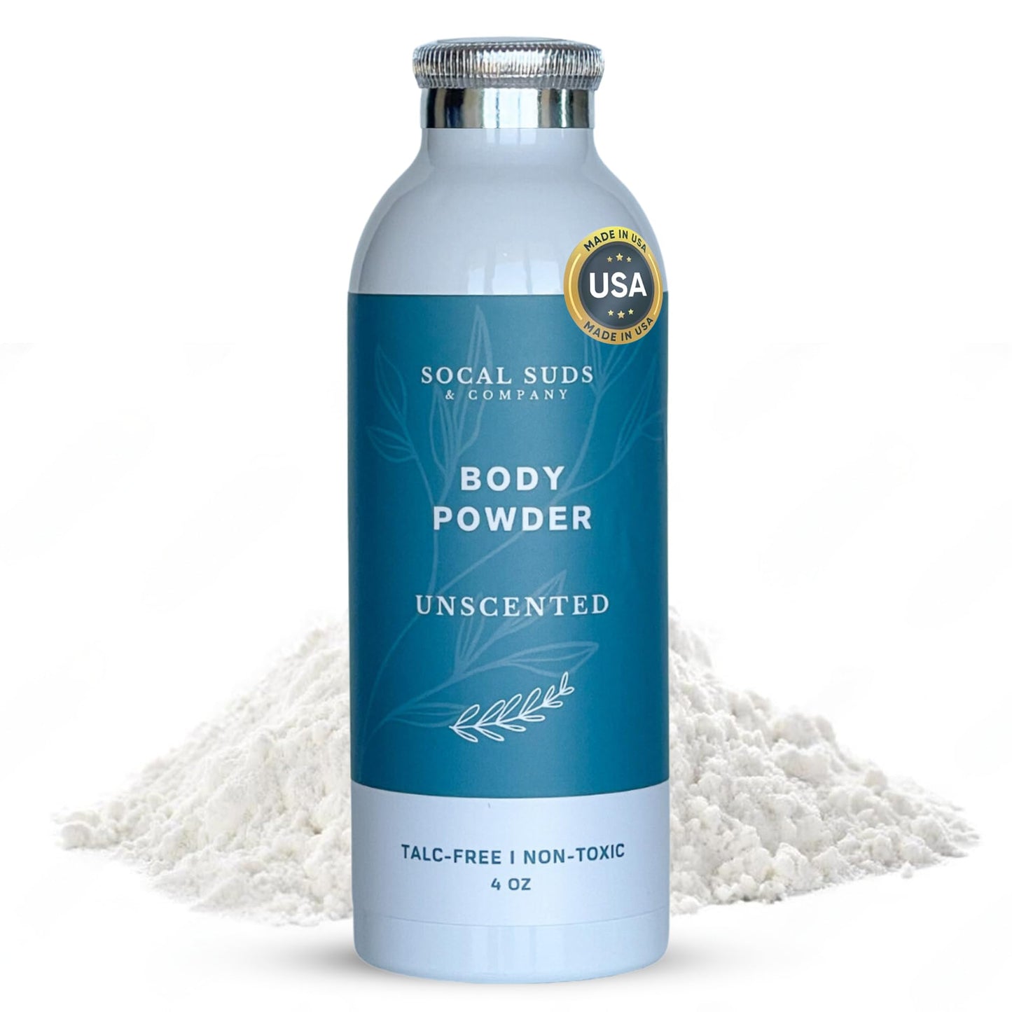 SoCal Suds & Company - Natural Body Powder Talc-Free - with Arrowroot Powder, Kaolin, Aspen Bark Extract for Soft Soothing Delicate Skin - Fragrance Free, 4oz, 1-Pack
