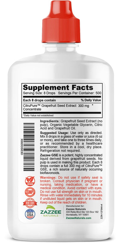 Zazzee GSE, 3X Triple Strength, 4 Ounces, 500 Servings, 300 mg per Serving, Premium Liquid Grapefruit Seed Extract Concentrate with Bioflavonoids, Vegan, Gluten Free, All-Natural, Made in The USA