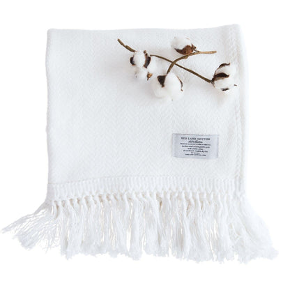 Red Land Cotton | American-Made 100% Cotton Throw Blanket | Soft, Breathable Basket Weave Blanket | Easily Laundered | White