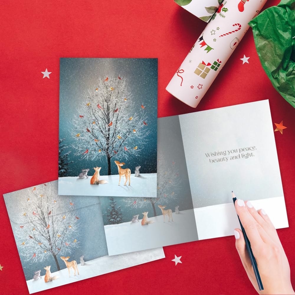 Tree-Free Greetings Bird Tree Holiday Cards - 10 Recycled 5x7 Cards & Matching Envelopes, Thick Cardstock, Made in USA - Magical Woodland Celebration