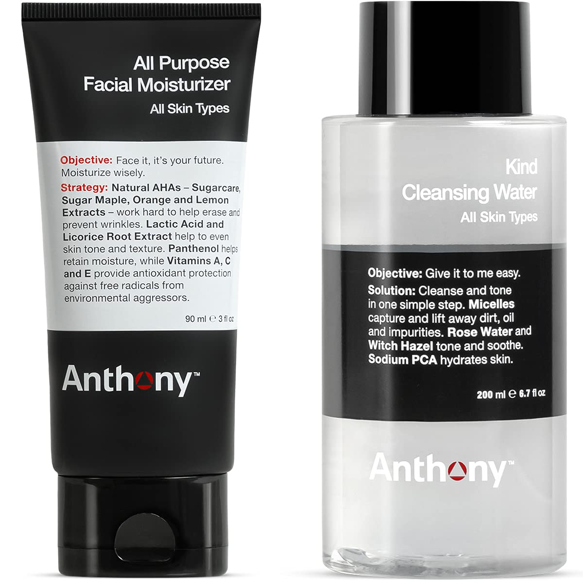 Anthony All Purpose Facial Moisturizer, 3 Fl Oz Kind Cleansing Water 6.7 Fl Oz.