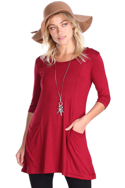 Popana Womens 3/4 Sleeve Tunic Top with Pockets for Leggings Made in USA Burgundy