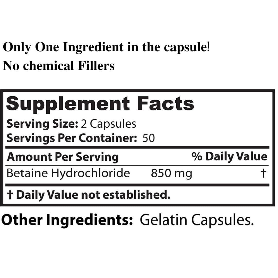 Dr. Clark Betaine HCL Digestive Enzymes - Acid Reflux Medicine, Hydrochloric Acid Protein Supplement, Optimal Digestion Formula, 100 Gelatin Capsules, 425 mg
