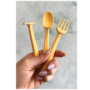 Constructive Eating 3-Piece Training Utensil Set - Sunshine Yellow Turtle - Made in USA - Dishwasher Safe