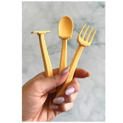 Constructive Eating 3-Piece Training Utensil Set - Sunshine Yellow Turtle - Made in USA - Dishwasher Safe