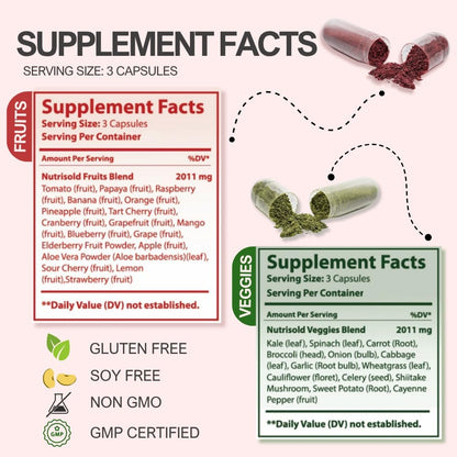Nutrisold Fruits & Veggies Supplement – Packed with 30+ Whole Food Superfoods – Supports Energy, Immune & Digestion – 180 Capsules – Soy-Free, Non-GMO