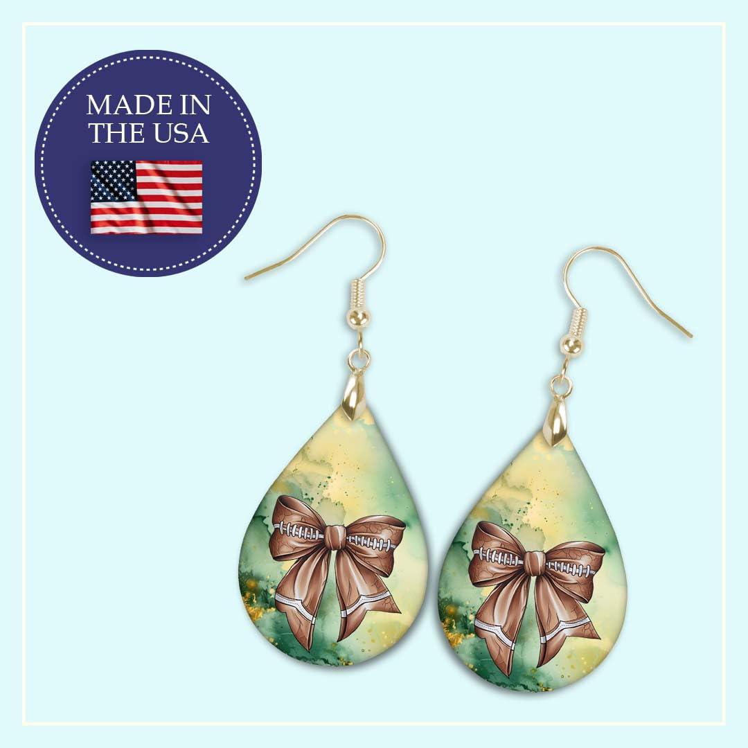 Football Dangle Earrings Green Gold Coquette Bow Teardrop 2.5 Inches Long Lightweight Double-Sided Design Handmade by The Painted Pug