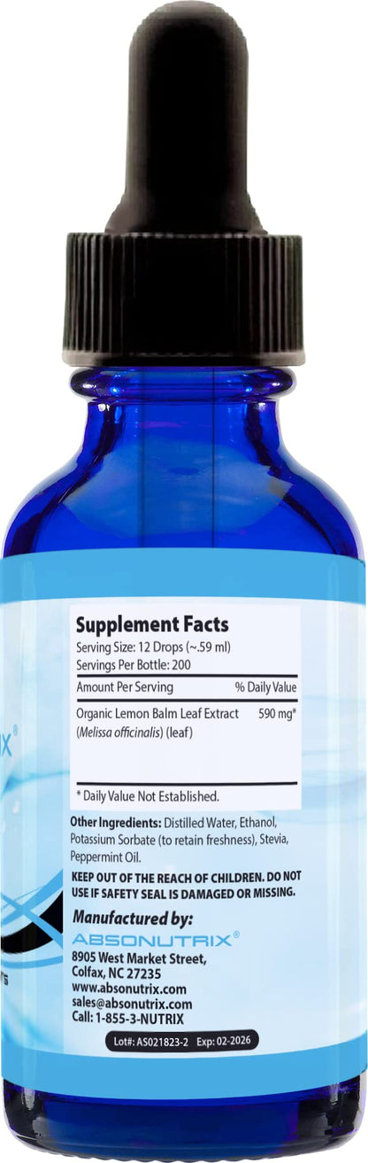 Absonutrix Organic Lemon Balm, 590 mg 200 Servings, Easy Absorption, Third Party Tested, Highly Potent, Made in The USA, Non-GMO, Gluten-Free