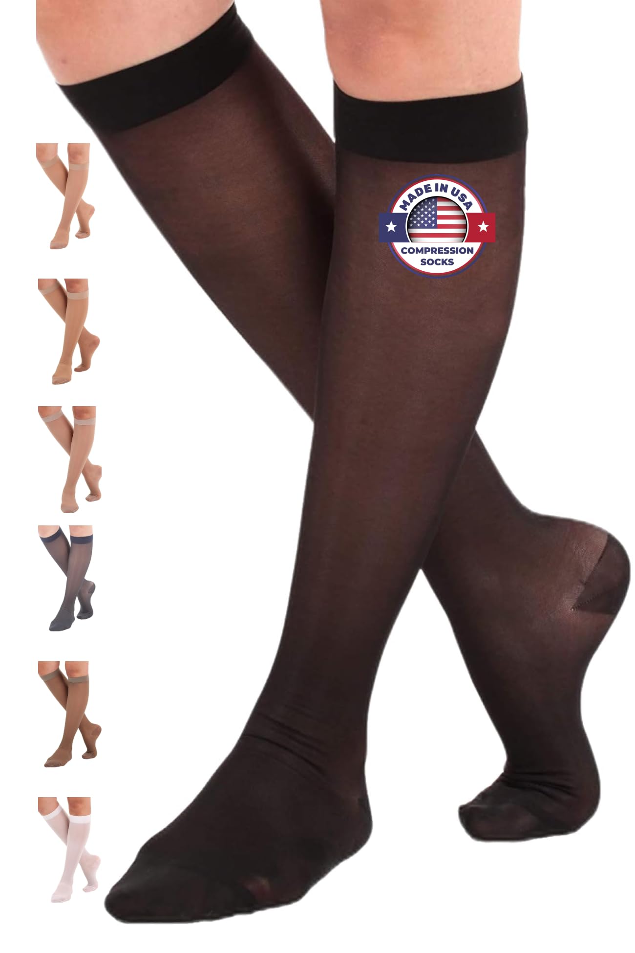 ABSOLUTE SUPPORT Made in USA Sheer Compression Socks for Women 15-20 mmHg - Support Hose Knee High Stockings, Black, X-Large