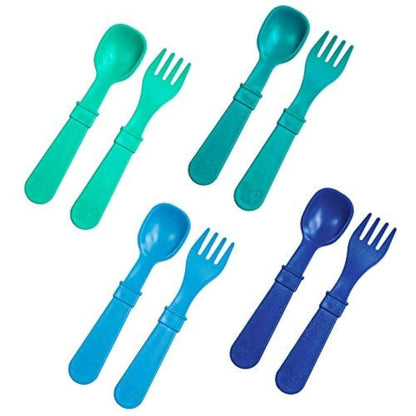 Re-Play Toddler Forks and Spoons Set - 4x4 Toddler Utensils Set - Dishwasher and Microwave Safe - Made in USA - Set of 8-5.8" x 1.2" x 0.2" - A True Blue