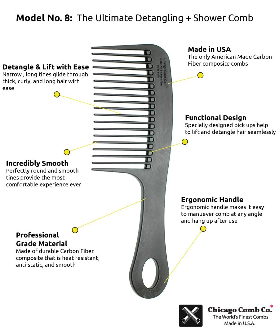 Chicago Comb Model 8 Carbon Fiber, Made in USA, Anti-static, Detangling & Shower comb, adds Lift & Volume, 8.5 inches (21.5 cm) long