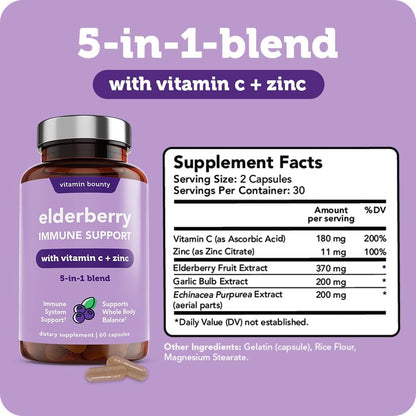 Vitamin Bounty Organic Elderberry Capsules – Sambucus Elderberry with Vitamin C and Zinc – Immune System Boosters for Adults – Antioxidant Formula for Immune Support– Non-GMO, 60 Capsules