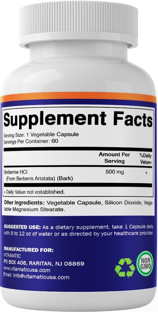 Vitamatic Berberine Supplement 500mg - 60 Vegetable Capsules - Made in The USA - Gluten Free - Non-GMO (1 Bottle)
