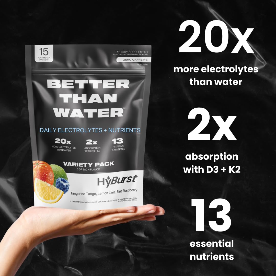 Hyburst Electrolyte & Vitamin Supplement Powder, Drink Mix with B12, L-Theanine, D3, K2, Zinc, Magnesium, Potassium, Supports Calm Focus & Energy, Citrus Variety Pack, 15 Pack