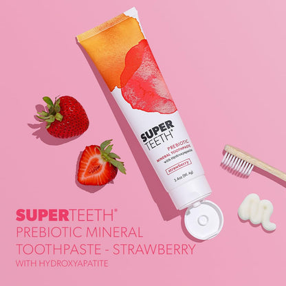 SuperTeeth Prebiotic Mineral Toothpaste for Adults and Kids | Antiplaque | Hydroxyapatite | Fluoride Free | SLS Free | Remineralizing | Oral Care | Made in USA | Strawberry