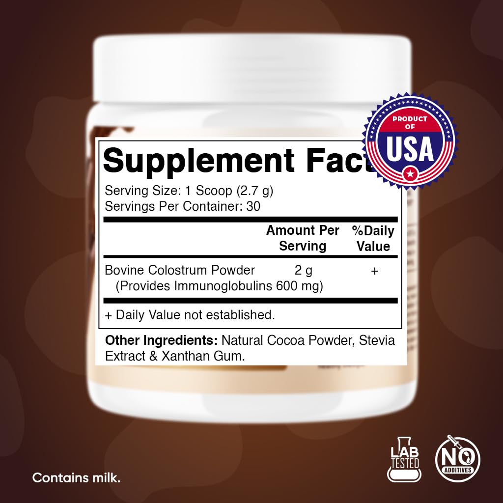 Vitamatic Bovine Colostrum Powder - Supplement for Gut Health, Hair Growth, Beauty, Muscle Recovery, & Immune Support - Easy to Mix - 30 Servings (30 Servings, Chocolate)