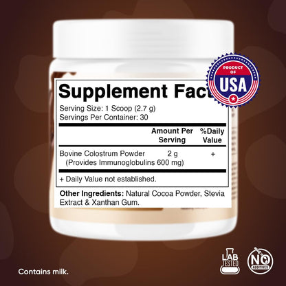 Vitamatic Bovine Colostrum Powder - Supplement for Gut Health, Hair Growth, Beauty, Muscle Recovery, & Immune Support - Easy to Mix - 30 Servings (30 Servings, Chocolate)