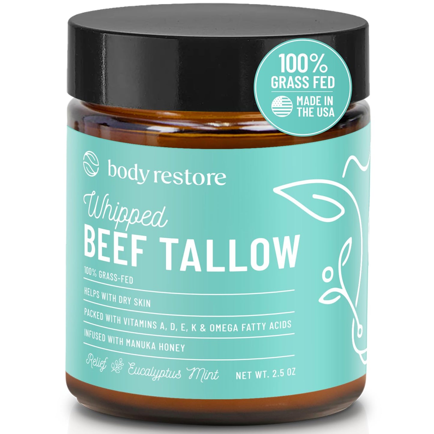 Body Restore Grass Fed Whipped Beef Tallow for Skin, Face, Body, Dry Skin - with Manuka Honey, Jojoba Oil, Birthday Gifts for Women, Men, Travel Essentials, Self Care - Eucalyptus