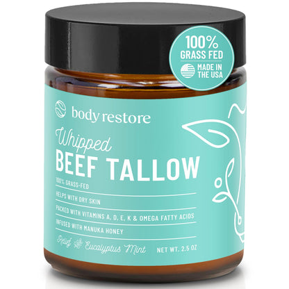 Body Restore Grass Fed Whipped Beef Tallow for Skin, Face, Body, Dry Skin - with Manuka Honey, Jojoba Oil, Birthday Gifts for Women, Men, Travel Essentials, Self Care - Eucalyptus