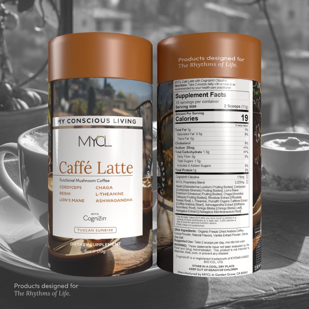 MYCL Cognizin Mocha Latte Mushroom Coffee - 175mg Cognizin Citicoline + 2,100mg Fruiting Body – Reishi, Lion’s Mane, Cordyceps & Chaga - Focus, Memory & Energy - Organic, Vegan - 15 Servings