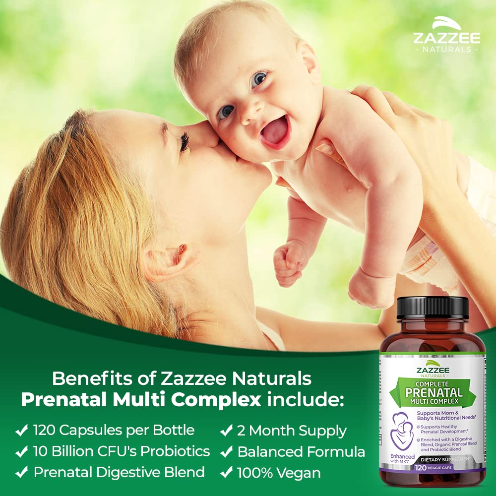 Zazzee Extra Strength Complete Prenatal Multi Complex, 120 Vegan Capsules, 2 Month Supply, 23 Essential Vitamins & Minerals, MK7, 10 Billion CFU Probiotics, Prenatal Enzymes, Organic Herbal Blend