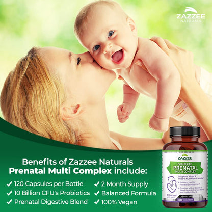 Zazzee Extra Strength Complete Prenatal Multi Complex, 120 Vegan Capsules, 2 Month Supply, 23 Essential Vitamins & Minerals, MK7, 10 Billion CFU Probiotics, Prenatal Enzymes, Organic Herbal Blend