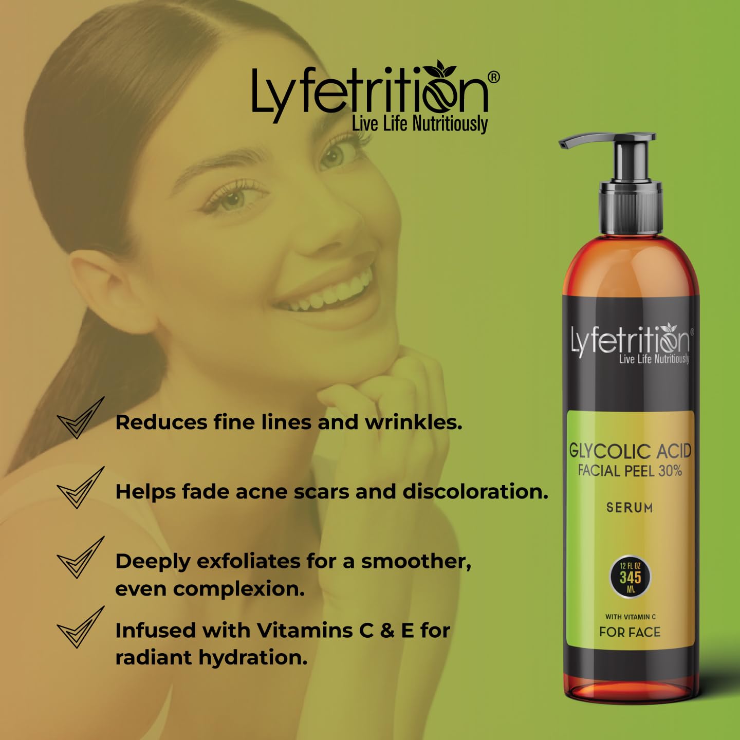 Lyfetrition Glycolic Acid/AHA 30% Renewal Serum, infused with Vitamins C & E for Skin Brightening, Exfoliating Serum Works for Dark Spots, Acne, and Reduces Fine Lines & Wrinkles - (12 Fl Oz)