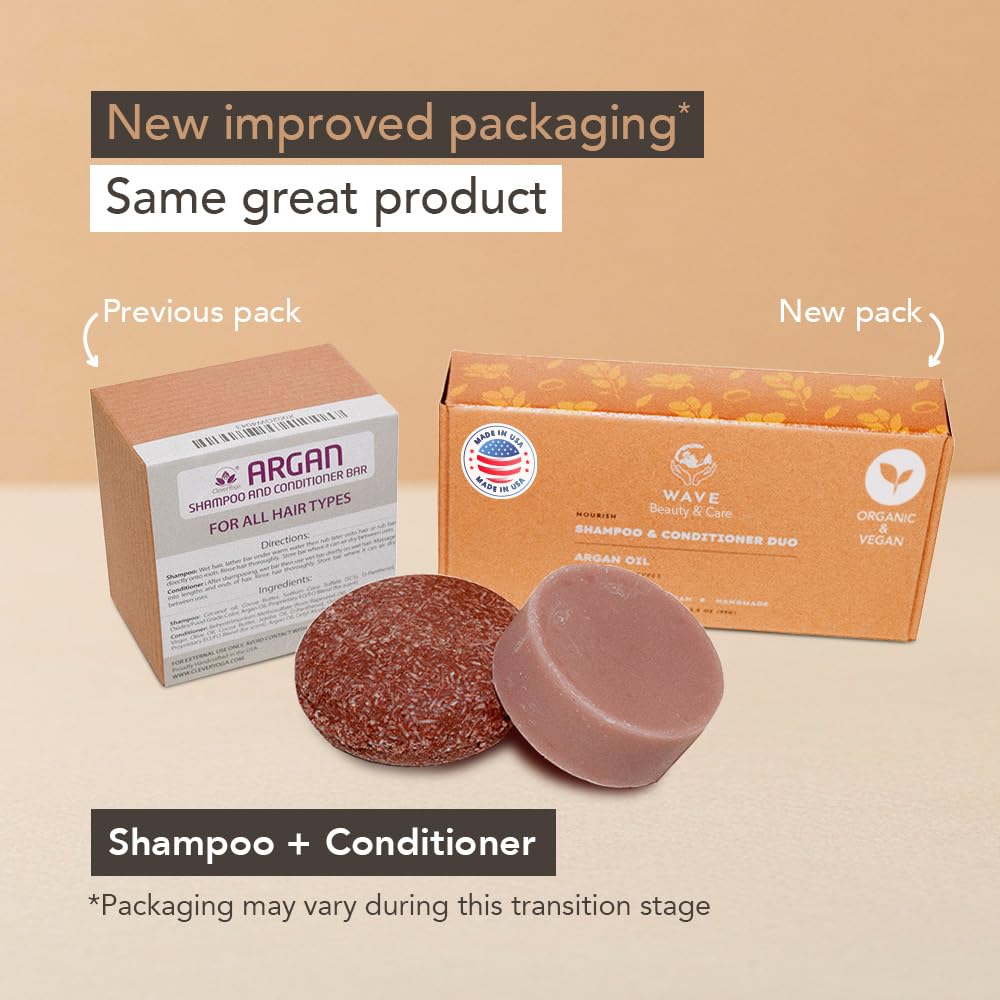 Wave Argan Oil Shampoo bar & Conditioner Bar Set - Vegan & Sulfate-Free - Handmade Moisturizing Solid Bars for All Hair Types - Convenient for Travel, Long-Lasting, (80-120 Uses) - Argan Oil