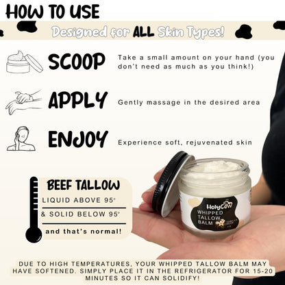 HolyCow Beef Tallow For Skin - Whipped Tallow Balm with Organic Jojoba Oil, Grass Fed Beef Tallow Face Moisturizer for Eczema, Baby, Lip Balm - Lotion For Extremely Dry Skin (Vanilla Bean)