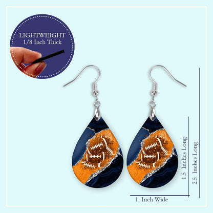 Football Earrings Blue and Orange Dangle Dangling Teardrop MDF Wood Sports School Team Spirit Fan Jewelry for Women Handmade (Navy & Orange)