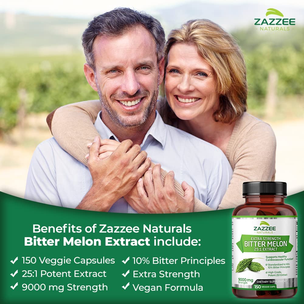 Zazzee Extra Strength Bitter Melon 25:1 Extract, 9000 mg Strength, 10% Bitter Principles, 150 Vegan Capsules, Standardized and Concentrated 25X Extract, 100% Vegetarian, All-Natural and Non-GMO