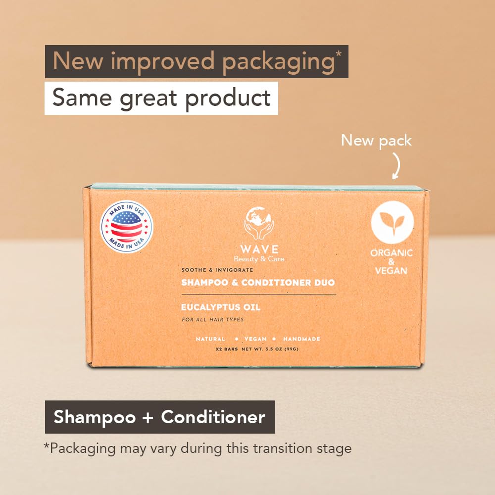 Wave Eucalyptus Oil Shampoo & Conditioner Bar Set - Natural & Organic Moisturizing Vegan Shampoo and Conditioner Bars for Women & Men - Long-Lasting (80-120 Uses)