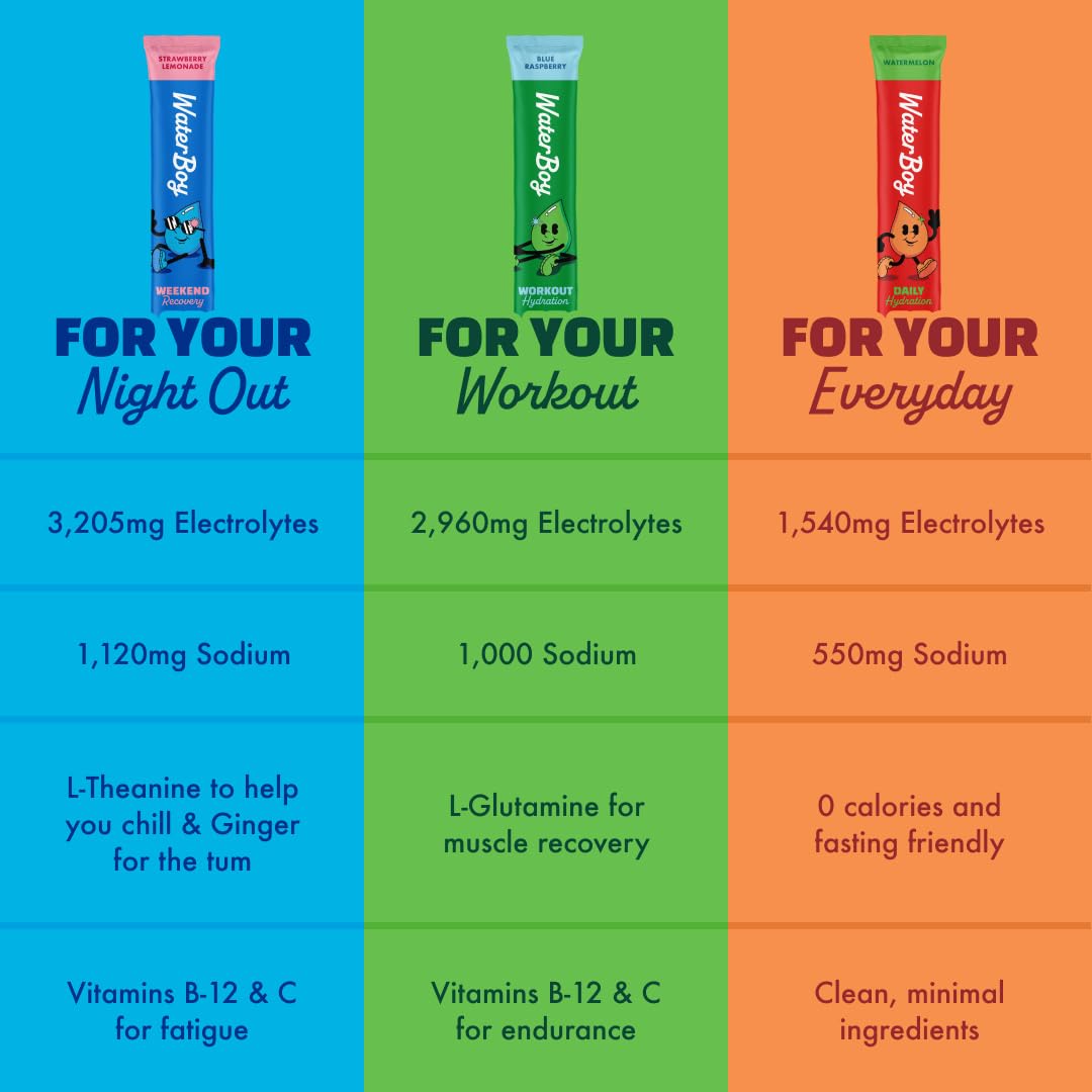 Waterboy Hydration Recovery Variety | 4-9x Electrolyte Powder Packets | Ginger + L-Theanine + L-Glutamine + Vitamins | No Sugar, All Natural, Gluten Free | 12 Drink Stick Mixes (Variety Pack)