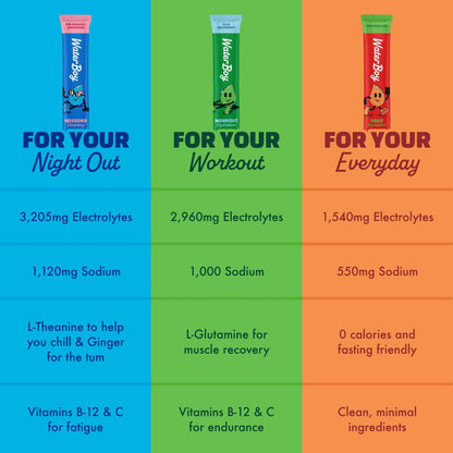 Waterboy Hydration Recovery Variety | 4-9x Electrolyte Powder Packets | Ginger + L-Theanine + L-Glutamine + Vitamins | No Sugar, All Natural, Gluten Free | 12 Drink Stick Mixes (Variety Pack)