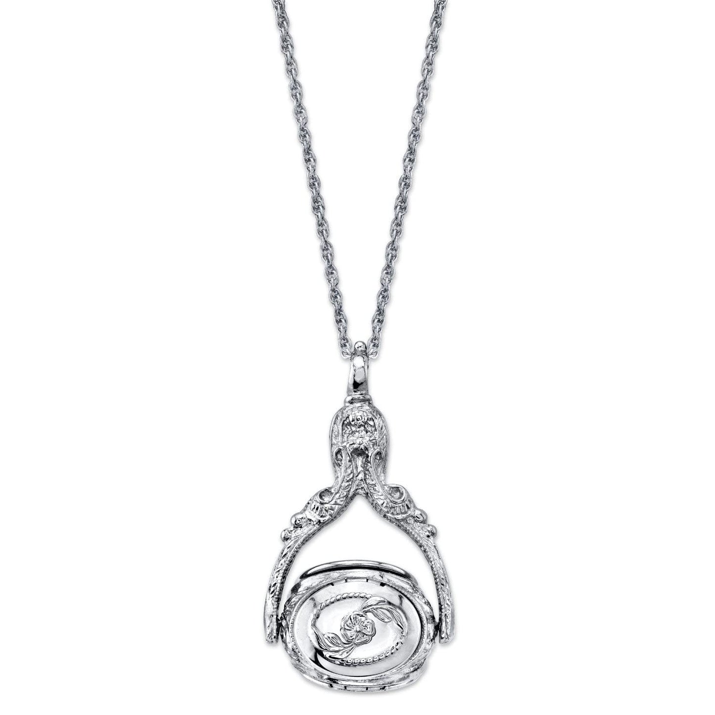 1928 Jewelry 3 Sided Flower Spinner Picture Locket Pendant Necklace For Women 30", Ladies Vintage Style Photo Keepsake, Made In USA