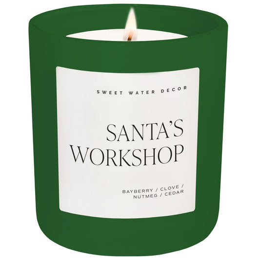 Sweet Water Decor Santa's Workshop Christmas Scented Candles - Christmas Stocking Stuffers Soy Candles Fir & Musk Scent - Christmas Candles with 70 Hours Burn Time - 15Oz Green Matte Jar Wax Candles