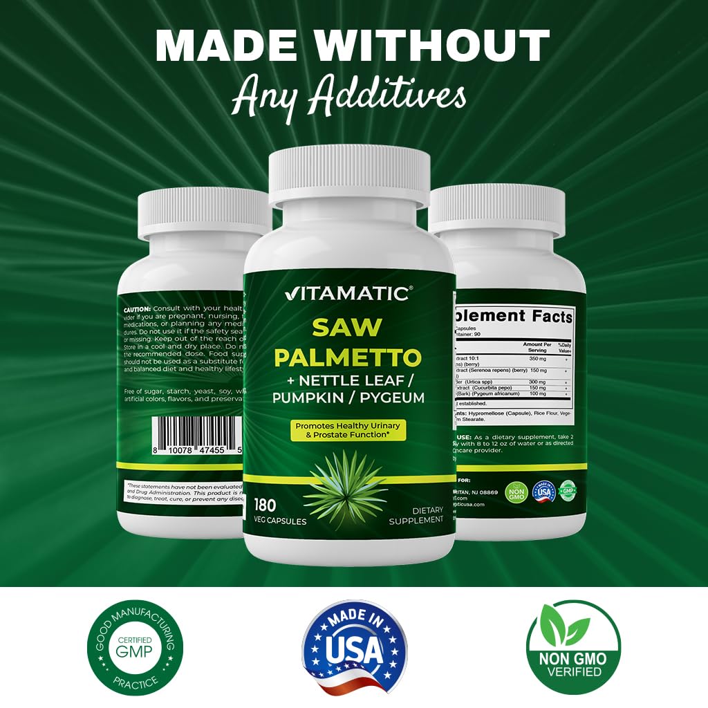 Vitamatic Saw Palmetto Extract for Men & Women 180 Veg Capsules - Made with Pumpkin Seed, Pygeum, Nettle Leaf - Made in The USA - Promotes Healthy Prostate Function