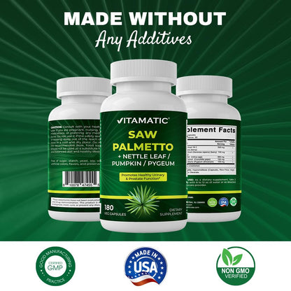 Vitamatic Saw Palmetto Extract for Men & Women 180 Veg Capsules - Made with Pumpkin Seed, Pygeum, Nettle Leaf - Made in The USA - Promotes Healthy Prostate Function