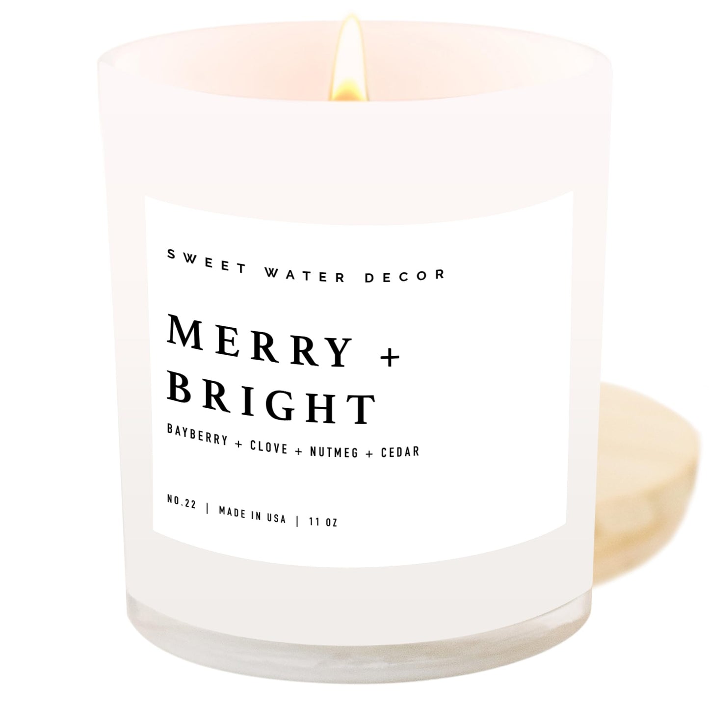 Sweet Water Decor Merry and Bright Soy Christmas Candle - Bayberry, Clove, Nutmeg, and Cedar Scented Holiday Candles for Home - 11oz White Jar + Wood Lid, 50+ Hour Burn Time, Made in The USA