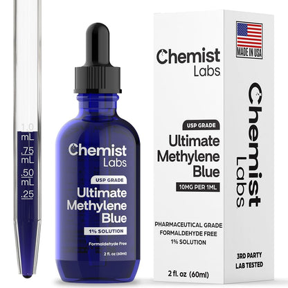 Chemist Labs Methylene Blue Drops Pharmaceutical Grade - 99% Purity USP Grade, Blue Methylene, Cellular & Mitochondrial Support, Third-Party Tested, Made in USA, 2oz