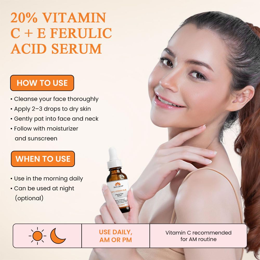 SKIN DEVA 20% Vitamin C Serum for Face with Vitamin E Plus Ferulic Acid Skincare Water Based 1 fl oz 30 ML Rejuvenates Skin to Fresh & Neutralizes Free Radicals to Brighten Even Vitamin Serum