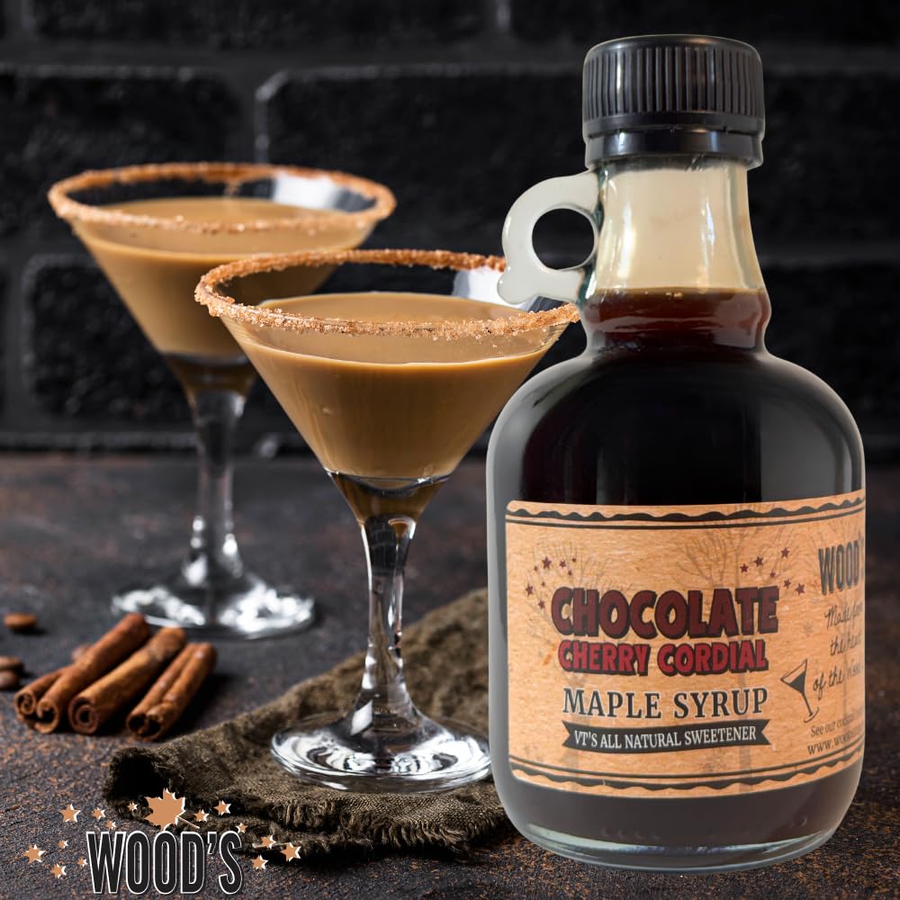 WOOD'S Chocolate Cherry Cordial Infused Maple Syrup – Decadent Vermont Maple Syrup with Dark Cocoa & Succulent Cherries | Small-Batch, All-Natural, Vegan-Friendly Syrup for Breakfast, Desserts & Cocktails | 8.45 Fl Oz