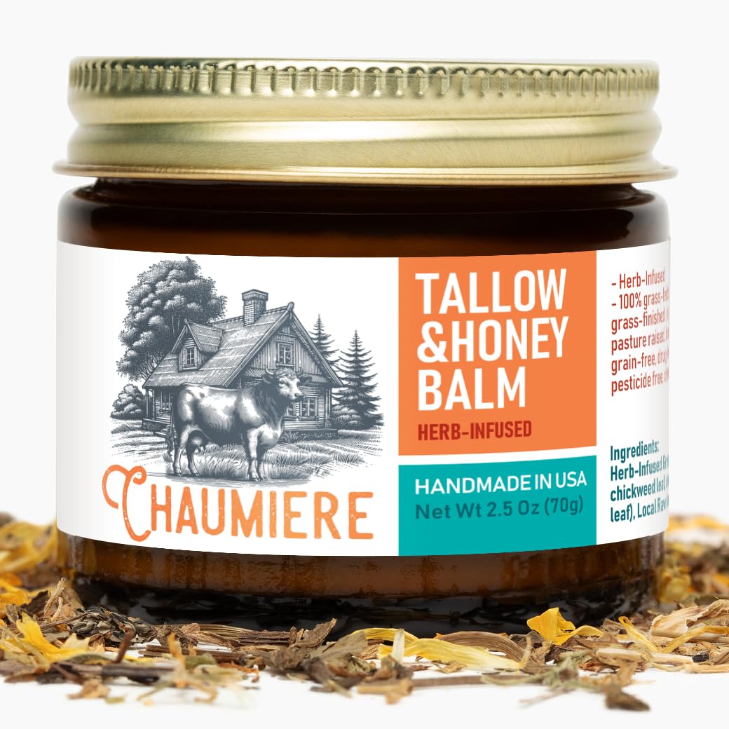 Chaumiere Herb Infused Organic Grass Fed Beef Tallow Honey Balm -Tallow Face Moisturizer - Whipped Tallow and Honey Balm - Raw Honey, Facial Lotion for Sensitive Skin - 2.5 oz