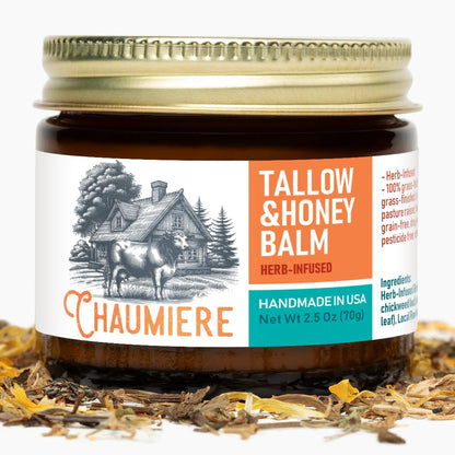 Chaumiere Herb Infused Organic Grass Fed Beef Tallow Honey Balm -Tallow Face Moisturizer - Whipped Tallow and Honey Balm - Raw Honey, Facial Lotion for Sensitive Skin - 2.5 oz
