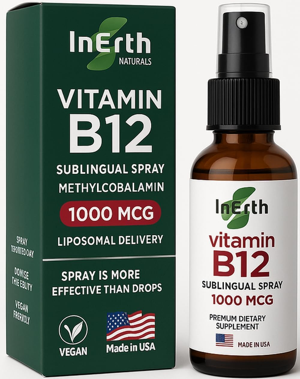 InErth Liposomal Vitamin B12 Oral Spray – 1000 mcg Methylcobalamin – High Absorption Sublingual B12 Mist for Energy Support – Vegan, Non-GMO – 1 fl oz
