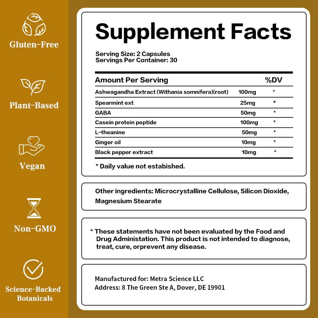 HOPE LIFE Herbal Mood & Sleep Support - Contains Ashwagandha, Spearmint Ext, GABA, Casein Protein Peptide, L-Theanine, Ginger Oil, Black Pepper Extract - Non-GMO, Soy-Free & Gluten-Free, 60 Capsules